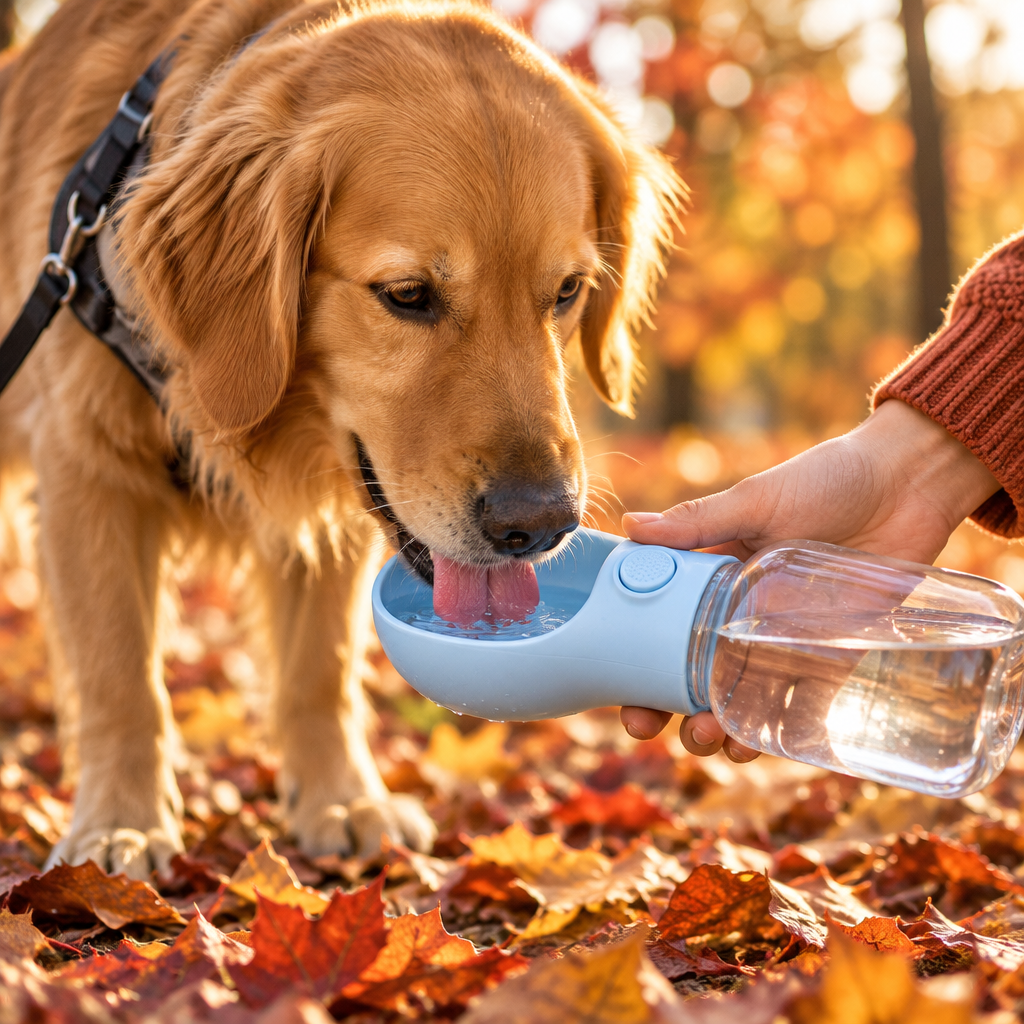 Dog Drinking from Blue Water Bottle