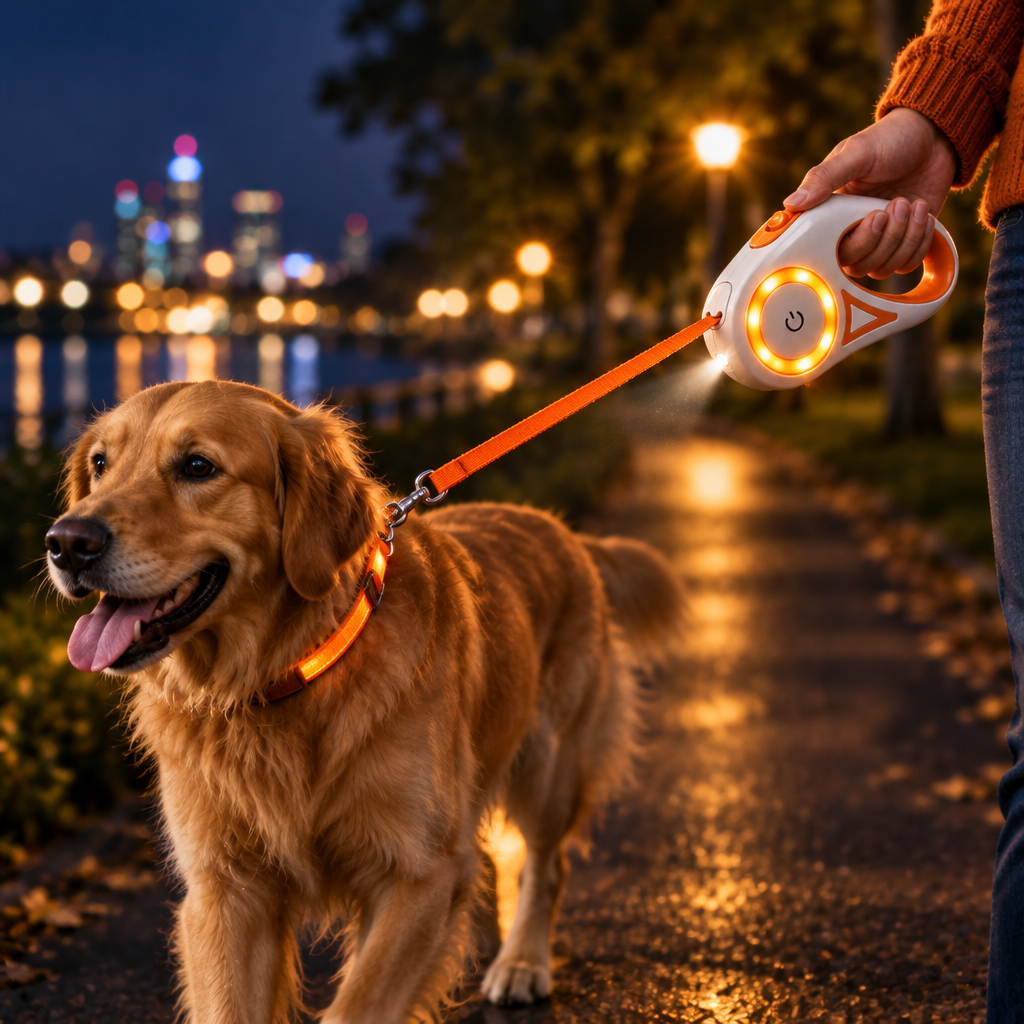 Orange LED Leash with Dog at Night
