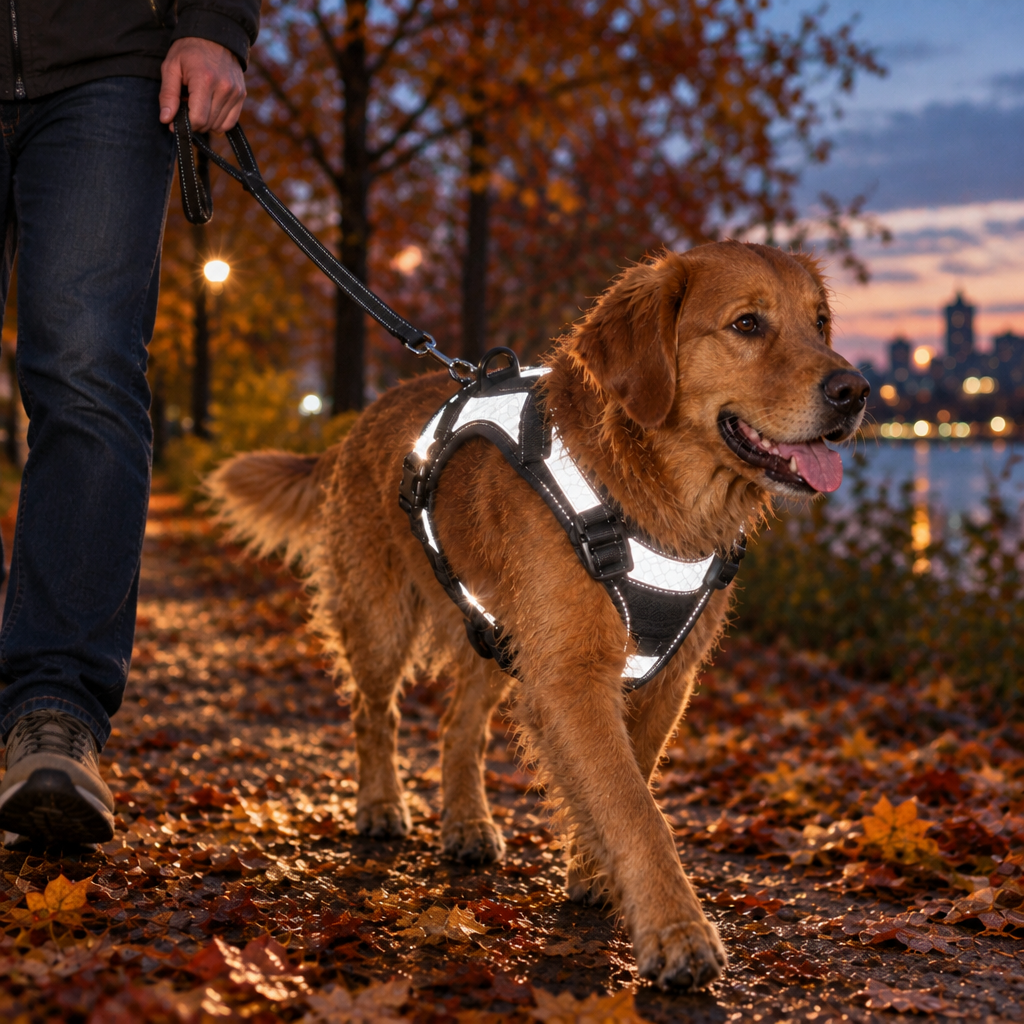 Owner Walking Dog with Reflective Harness