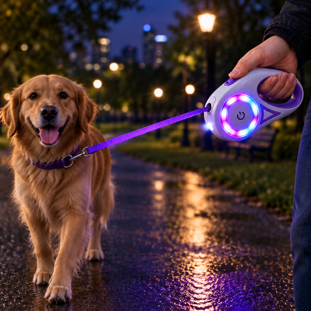 Purple LED Leash with Dog at Night