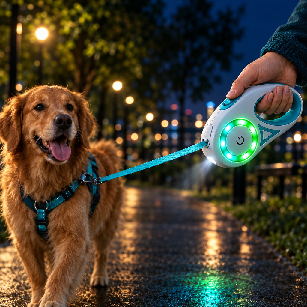 Teal LED Leash with Dog at Night